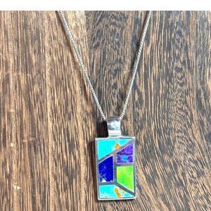Sterling Silver 18" Italian Chain Necklace Inlaid Turquoise Lapis Lazuli Pendant